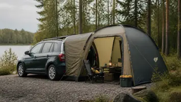 Enkelt biltelt koblet til bakluken på en bil ved en skogscampingplass