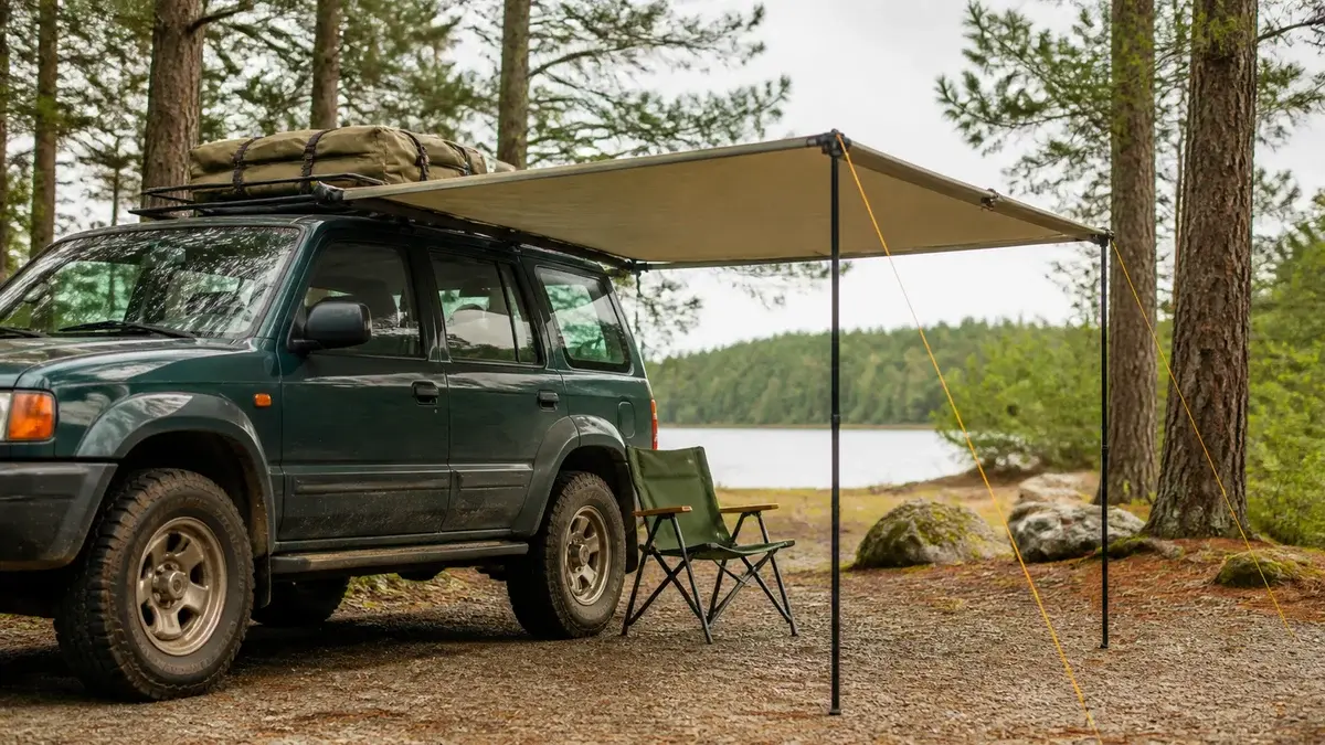 Utrullet bilmarkise med støttebein og barduner ved en SUV