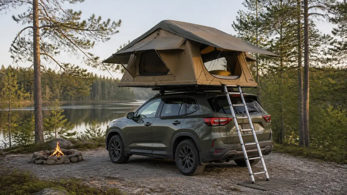 Åpent taktelt med stige på en SUV ved en rolig skogssjø