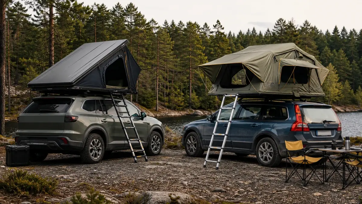 Hardtop- og softshell-taktelt åpnet på to biler ved samme campingplass